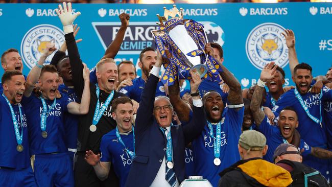 Leicester City manager Claudio Ranieri leads the team’s English Premier League celebrations. Picture: AFP