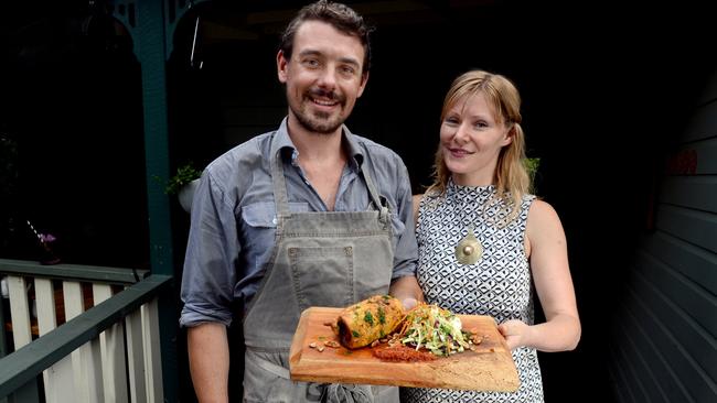 Matt James and Ashley Jones from the Eltham Valley Pantry with their Morrocan salt bush lamb pastry with tomato kasundi and seasonal slaw. Photo Cathy Adams / The Northern Star