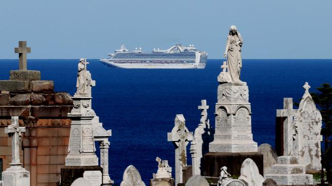 The Ruby Princess waits at sea off Waverley Cemetery in eastern Sydney. Picture: Matrix Media