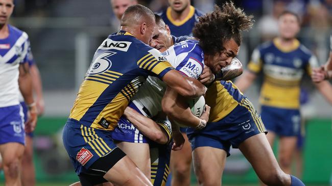 The Eels muscled up in defence to keep the Bulldogs tryless. Picture: Mark Metcalfe/Getty Images