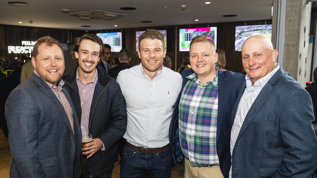 At the Melbourne Cup party at The Rock are (from left) Joel Schrodter, Tate Costigan, Connor Swinton, Joel Stower and Peter Dann, Tuesday, November 1, 2022. Picture: Kevin Farmer