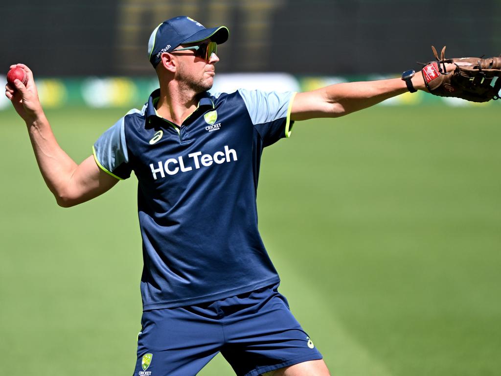 Josh Hazlewood could not get a full run-up in the cramped Gabba nets. Picture: Getty Images