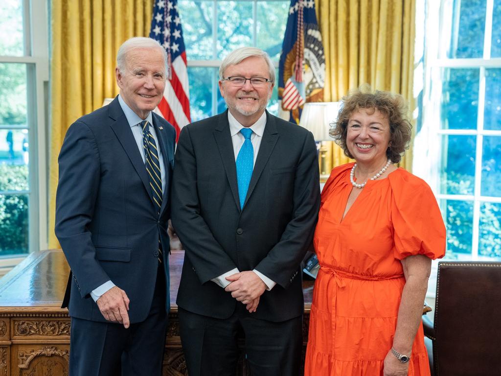 Kevin Rudd and his wife Therese with US President Joe Biden. Picture: X