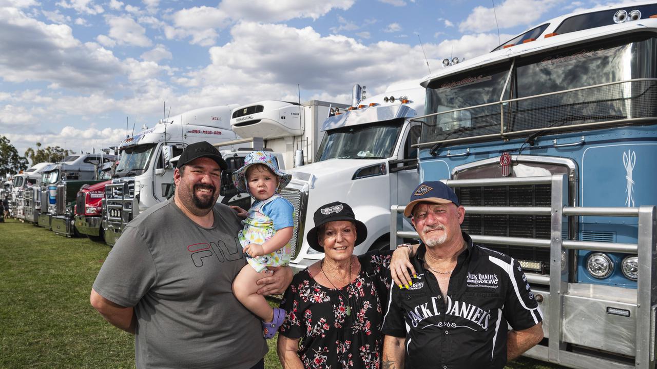 At Lights on the Hill Trucking Memorial are (from left) Blake Mathieson holding Paisley Mathieson with Marilyn Mathieson and Trevor Low at Gatton Showgrounds, Saturday, October 5, 2024. Picture: Kevin Farmer