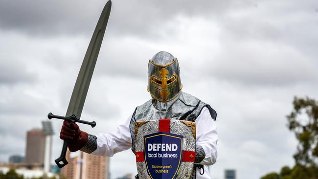 Colin Shearing in his $150 knight’s costume that led to a confrontation with police. Picture Matt Turner.