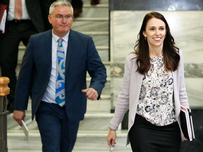 Ardern and deputy Kelvin Davis make their way to a meeting with NZ First leader Winston Peters at Parliament on October 8. Picture: Hagen Hopkins/Getty Images