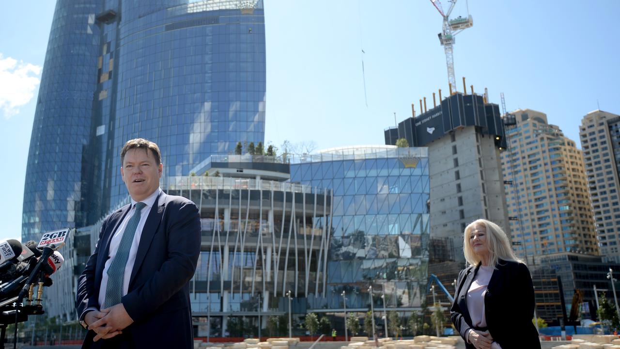 Mr McCann just over a year ago when he was the boss of Lendlease, with former Crown chair Helen Coonan at Barangaroo in Sydney, where the new casino has been denied a gaming licence. Picture: Jeremy Piper / NCA NewsWire