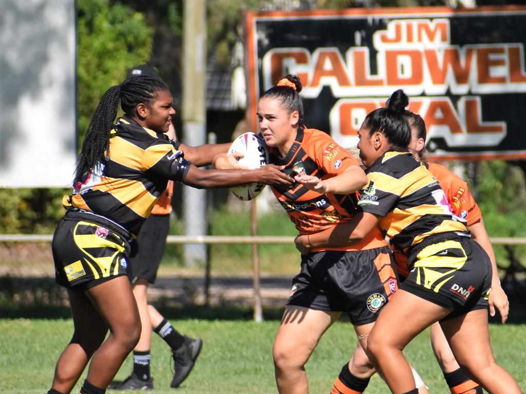 Emma Wood. The Herbert River Crushers Rugby League Club’s women’s team in its historic first ever home game at the Showgrounds in Ingham on Saturday. The brave women went down to the Centrals Tigers of Townsville 16-14. Photograph: Cameron Bates