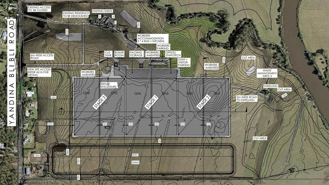 Approved plans show the layout and staging schedule for greenhouses at a Yandina Bli Bli Rd property at Maroochy River.