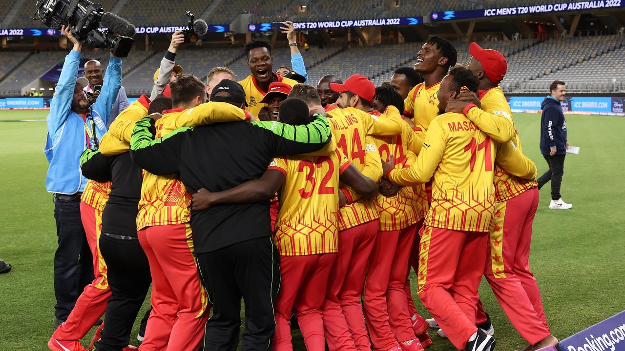 Zimbabwe celebrate their moment. Photo by Paul Kane/Getty Images.