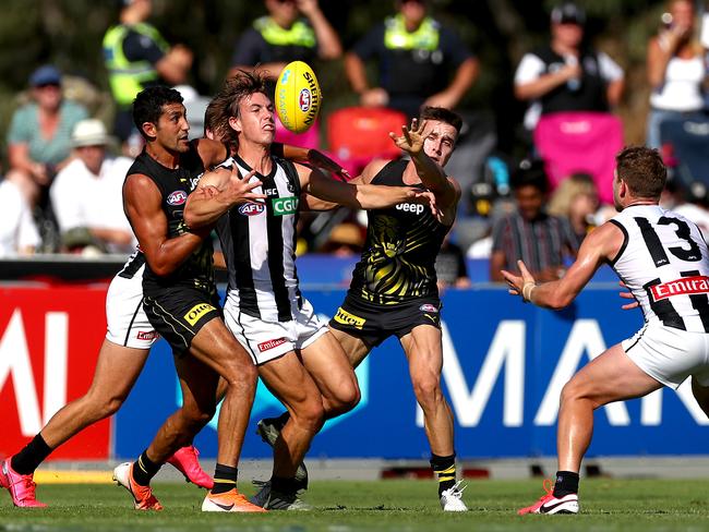 MELBOURNE, AUSTRALIA - MARCH 01: Tyler Brown of the Magpies competes for the ball during the 2020 AFL Marsh Community Series match between the Richmond Tigers and the Collingwood Magpies at Norm Minns Oval on March 01, 2020 in Melbourne, Australia. (Photo by Kelly Defina/Getty Images)