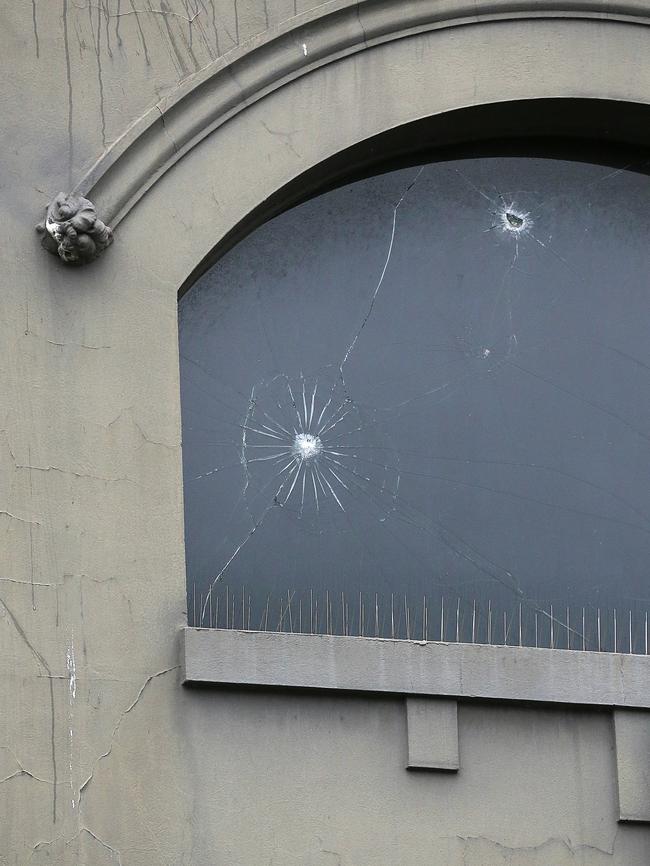 What appear to be bullet holes in a Boutique nightclub window. Picture: Tim Carrafa