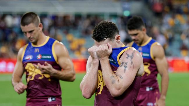 BRISBANE, AUSTRALIA - MARCH 08: A dejected Lachie Neale of the Lions is seen during the 2024 AFL Opening Round match between the Brisbane Lions and the Carlton Blues at The Gabba on March 08, 2024 in Brisbane, Australia. (Photo by Russell Freeman/AFL Photos via Getty Images)