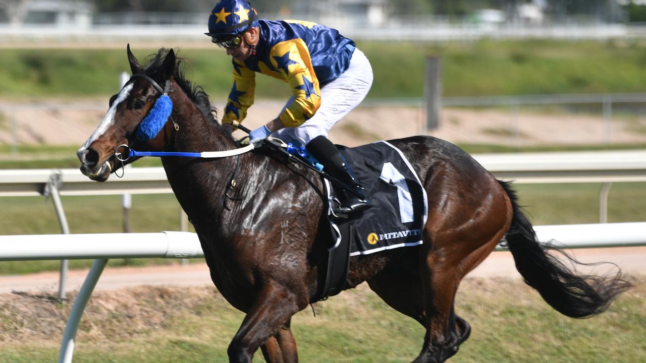 Finish of Race 2 at Cluden. Ryan Wiggins on Divine Wit win Klein Tools Maiden Plate. Picture: Evan Morgan