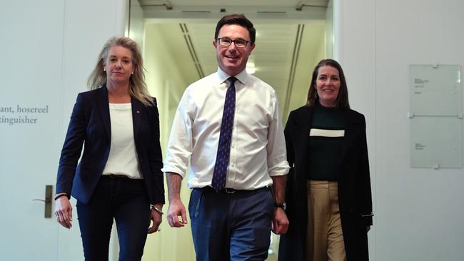 Nationals leader David Littleproud with deputy Perin Davey and Senate leader Bridget McKenzie after they were elected in May last year. Picture: Mick Tsikas/AAP Image