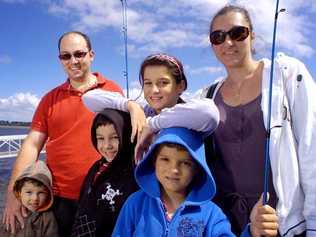 Brisbane residents from left John-Paul, Jonathon and Gabriel Iommarini with Stella, Loukas and Anna Karanasios in Ballina over the long Easter weekend. Picture: Jay Cronan