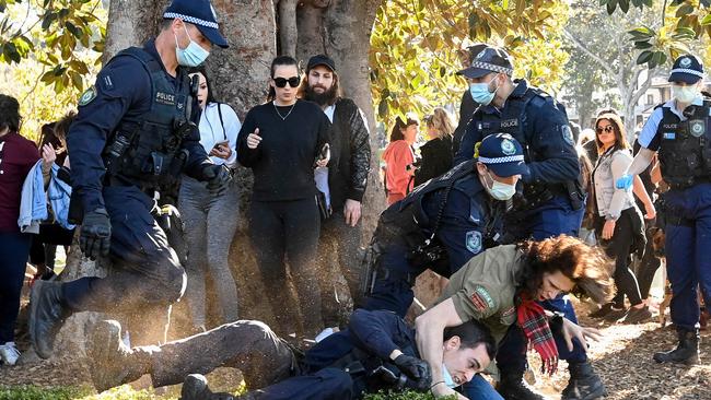 Protesters clash with police officers. Picture: NCA NewsWire/Bianca De Marchi