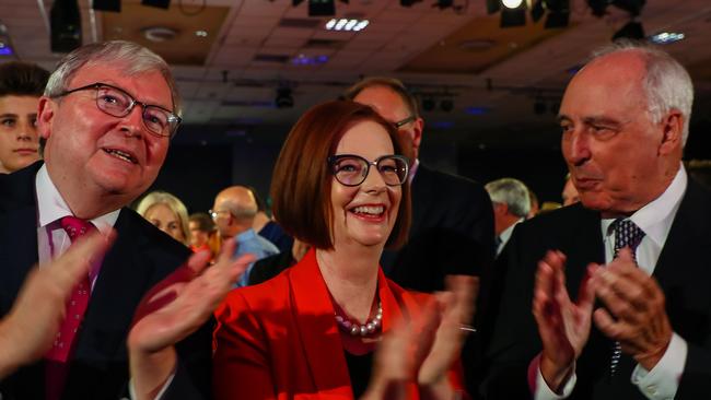 Kevin Rudd, Julia Gillard and Paul Keating attend leader Bill Shorten's address during Labor’s campaign launch in Brisbane in 2019.