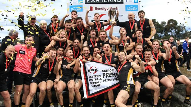 EFNL 2024: Balwyn celebrates its Premier Division grand final win. Picture: Davis Harrigan