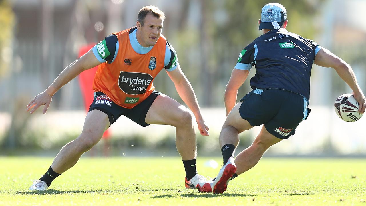 Josh Morris takes part in a drill at a NSW Blues training session.