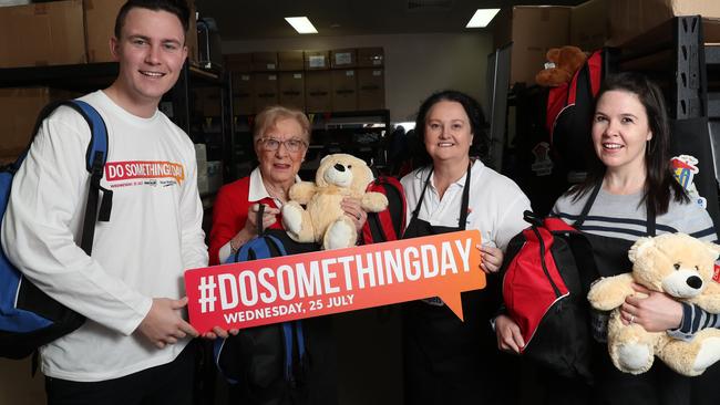 DoSomething Day 2018. Joy Jones, Rebecca Ristic and Kelly Doyle pose for a photo at Foster Care Angels in Castle Hill today, July 25, 2018. The charitable organisation puts together care packages for kids when they first enter foster care. (AAP Image/David Swift)