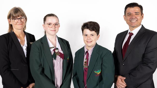 Glasshouse Christian College Head of Middle School Mrs Jacqualina Vreeling, Middle School captain Lotty Kelly, Middle School captain Sennen Staley, Principal Mr Mike Curtis.