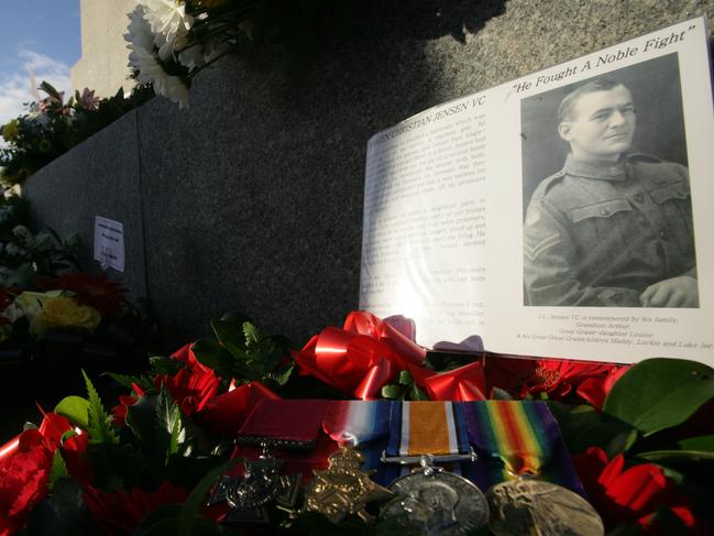 The medals and flowers for Jorgen Christian Jensen VC at Anzac Day Dawn Service at Kings Park, Perth.