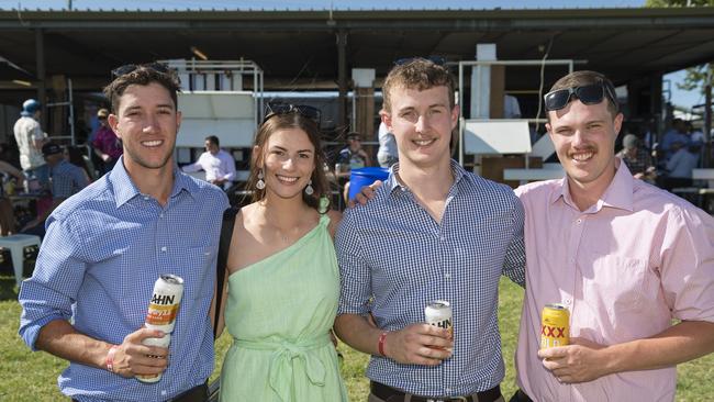 At Warwick Cup race day are (from left) Thallis Halliday, Morgan Prentice, Luke Hauff and Dan Cooper at Allman Park Racecourse, Saturday, October 14, 2023. Picture: Kevin Farmer