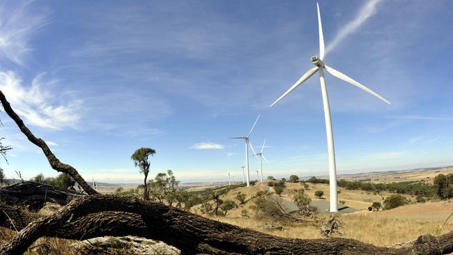 Turbines near trees on wind farm at Waterloo near Clare, South Australia.