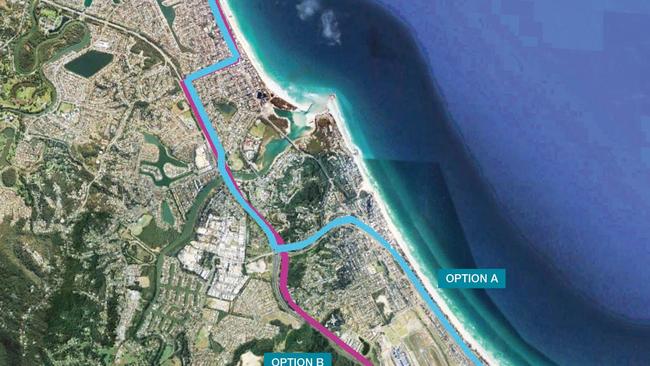 The light rail path through Burleigh and Palm Beach as originally proposed in the GCC consultation. PHOTO: Supplied