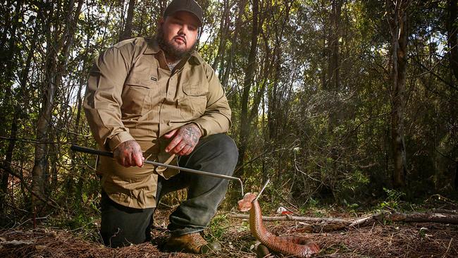 Reptile Relocation Sydney’s Cory Kerewaro with the Sydney red death adder found in Holsworthy. Picture: Carmela Roche