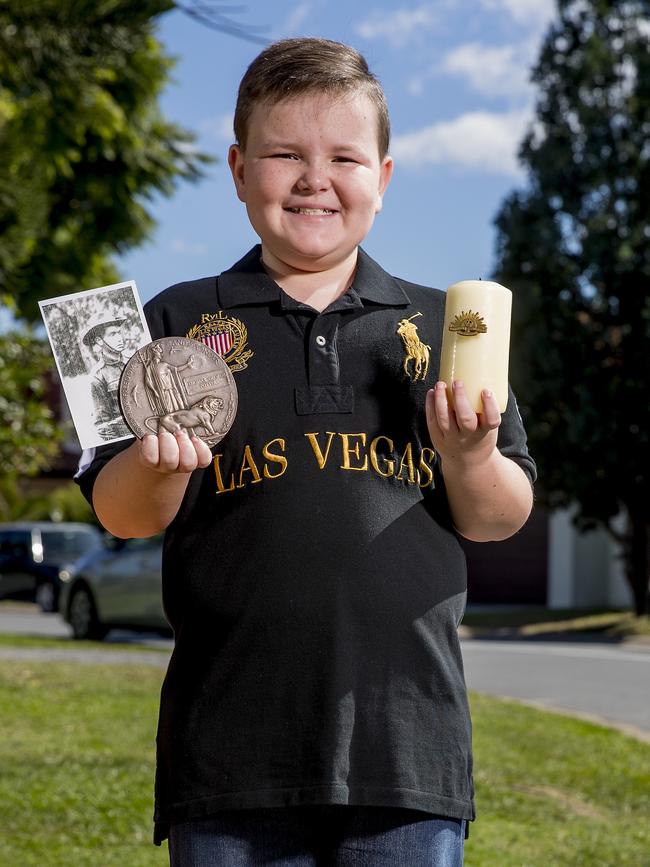 Linton Hartley, 10, will be celebrating ANZAC Day by taking part in QLD RSL Light up the Dawn driveway vigil. Picture: Jerad Williams