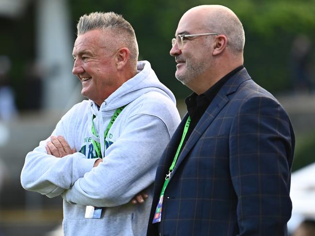 New Zealand Warriors CEO Cameron George (R) pictured with Warriors owner Mark Robinson. Picture: Getty Images