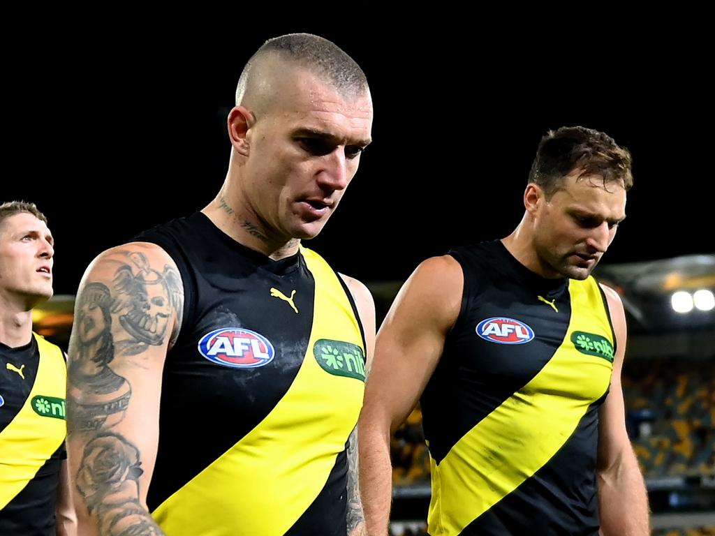 BRISBANE, AUSTRALIA – MAY 18: Richmond Tigers leave the field after their defeat during the round 10 AFL match between Brisbane Lions and Richmond Tigers at The Gabba, on May 18, 2024, in Brisbane, Australia. (Photo by Albert Perez/AFL Photos via Getty Images)