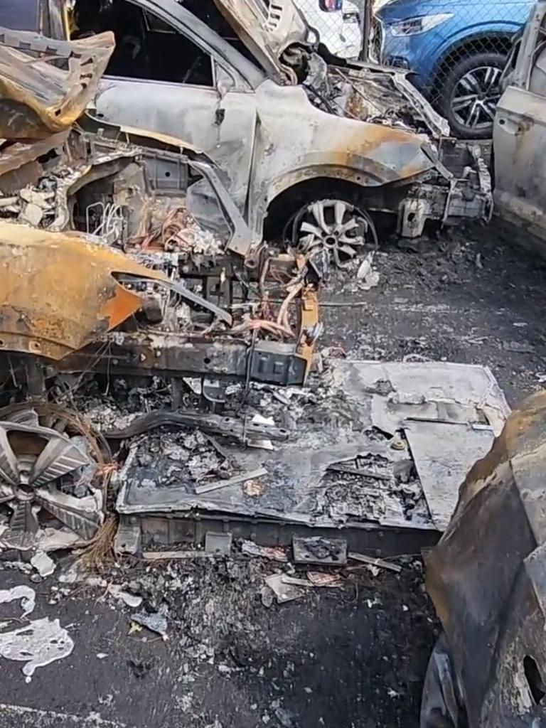 The carnage caused at Sydney airport by a fire from an electric car’s battery. Picture: Supplied/FRNSW