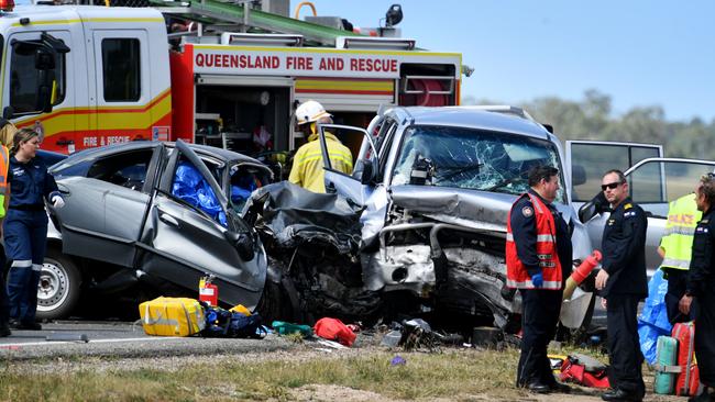 Emergency services attend a 3 person fatal crash involving four vehicles south of Townsville. Picture: Alix Sweeney