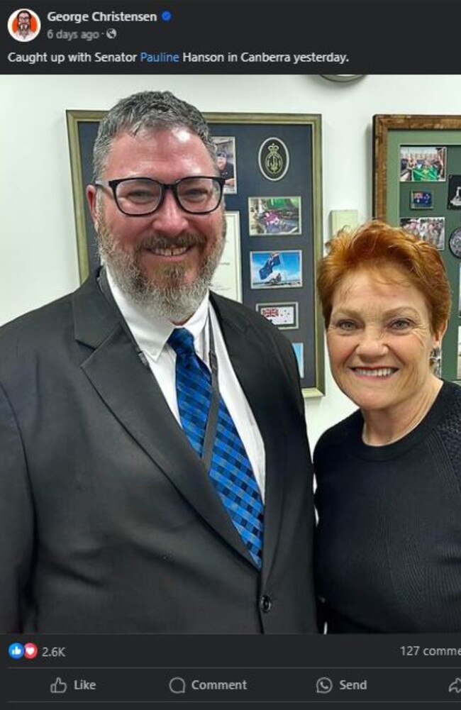 While Mr Bella chaired the first public meeting of the infrastructure committee, Mr Christensen travelled to Canberra and met with Pauline Hanson. Photo: Facebook