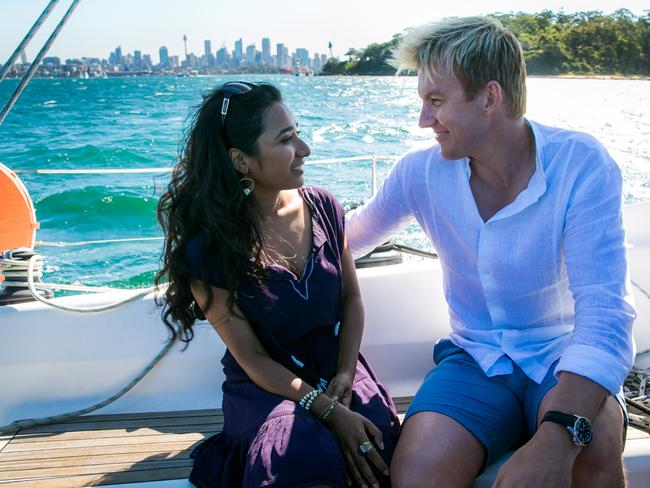 All at sea: Brett Lee and Tannishtha Chatterjee in Bollywood film unIndian. Picture: Supplied