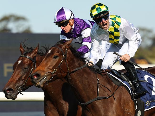 SYDNEY, AUSTRALIA - SEPTEMBER 14: Tommy Berry riding Sunshine In Paris  wins Race 6 Irresistible Pools Sheraco Stakes during Sydney Racing at Rosehill Gardens on September 14, 2024 in Sydney, Australia. (Photo by Jeremy Ng/Getty Images)