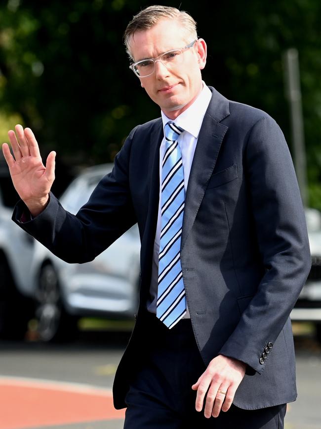 Premier of NSW Dominic Perrottet waves to guests as he arrives at Ryde Hospital on Friday. Picture: Jeremy Piper