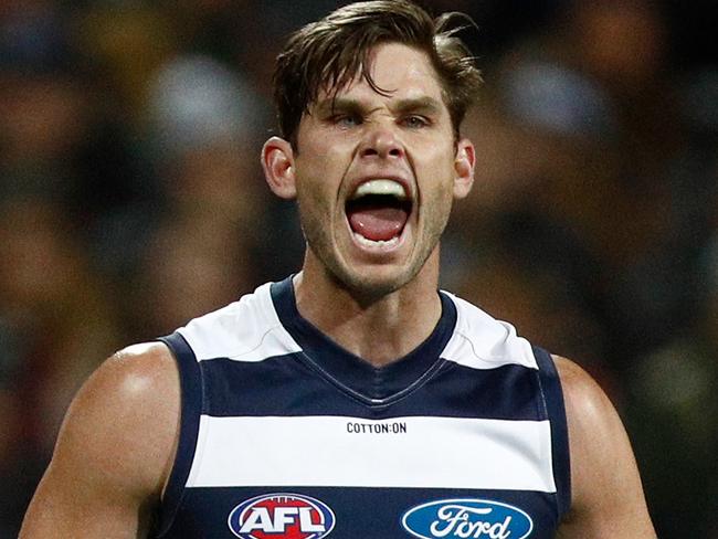 GEELONG, VICTORIA - JULY 21:  Tom Hawkins of the Cats celebrates a goal during the round 18 AFL match between the Geelong Cats and the Melbourne Demons at GMHBA Stadium on July 21, 2018 in Geelong, Australia.  (Photo by Daniel Pockett/AFL Media/Getty Images)