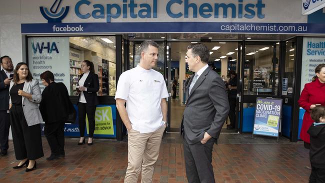 Health Minister Mark Butler and Pharmacy Guild of Australia president Trent Twomey at a Canberra chemist last year. Picture: Gary Ramage/NCA NewsWire