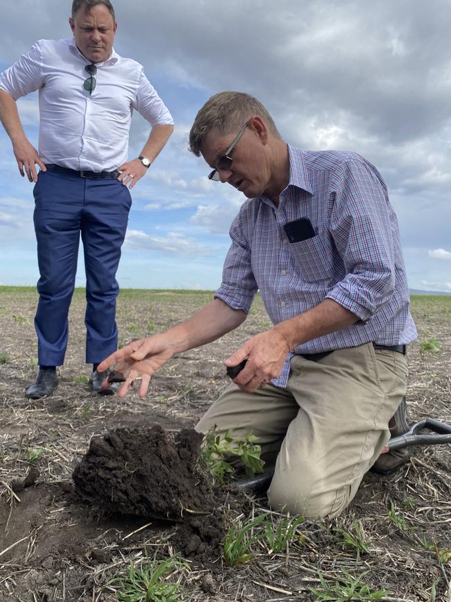 Stuart Barden talks soil with South Australian MP Matt Burnell, who grew up on a farm. Picture: Supplied