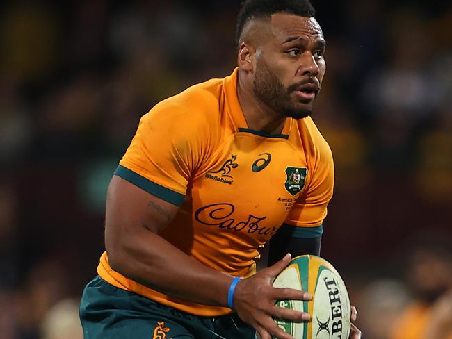 SYDNEY, AUSTRALIA - JULY 16: Samu Kerevi of the Wallabies in action during game three of the International Test match series between the Australia Wallabies and England at the Sydney Cricket Ground on July 16, 2022 in Sydney, Australia. (Photo by Mark Kolbe/Getty Images)