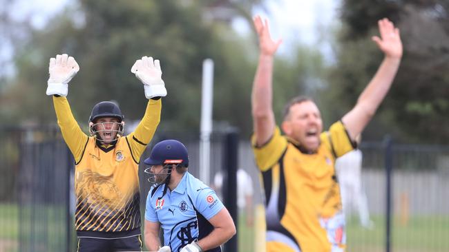 Cricket : GCA1 Round 1: Grovedale v Newtown &amp; Chilwell big appeal by Grovedale keeper Rob Smith and Grovedale bowler Clinton Ford for the wicket of Newtown &amp; Chilwell batsman Isaac Hogan Picture: Mark Wilson