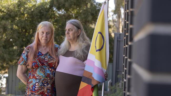 Gail and Lisette Claremont Goulet, a transgender lesbian couple whose home was attacked three times in weeks. Their friends have raised funds to install a security camera for them. They say Trumpism has ramped up hate for transgender people. Picture: Brett Hartwig