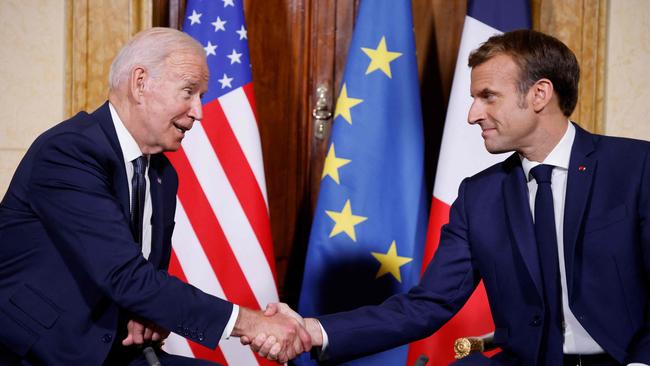 US President Joe Biden has favoured French President Emmanuel Macron over Australia and the AUKUS alliance in recent comments. Picture: AFP