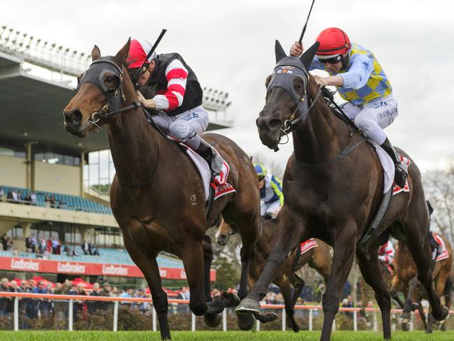 Missrock (left) rallies late to crunch Heatherly on the line and claim the Listed Carlyon Stakes at Moonee Valley.