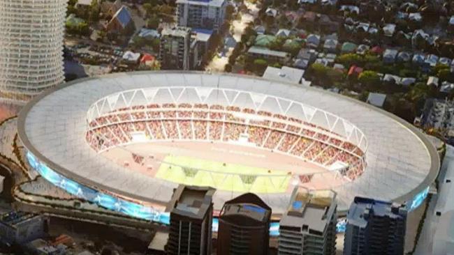 Screen grabs from a digital depiction of how the Gabba will be transformed for the 2032 Olympics in Brisbane.