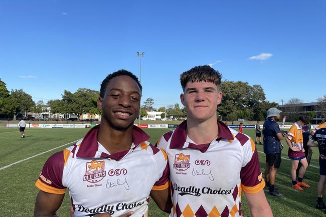 Elijah Kadima and Baxter Best pictured in 2023 after Ipswich SHS’s Year 8 rugby league side won the grand final at Davies Park.